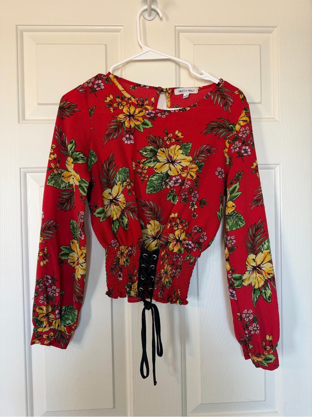Miley + Molly Red Floral Lace-Up Peplum Long-Sleeve Top - size S
